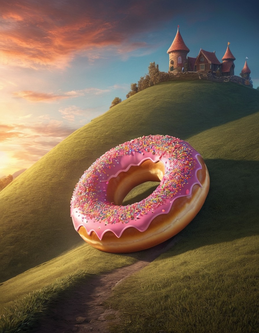 giant donut, hill, rolling, unexpected sight, bizarre, food, quirky