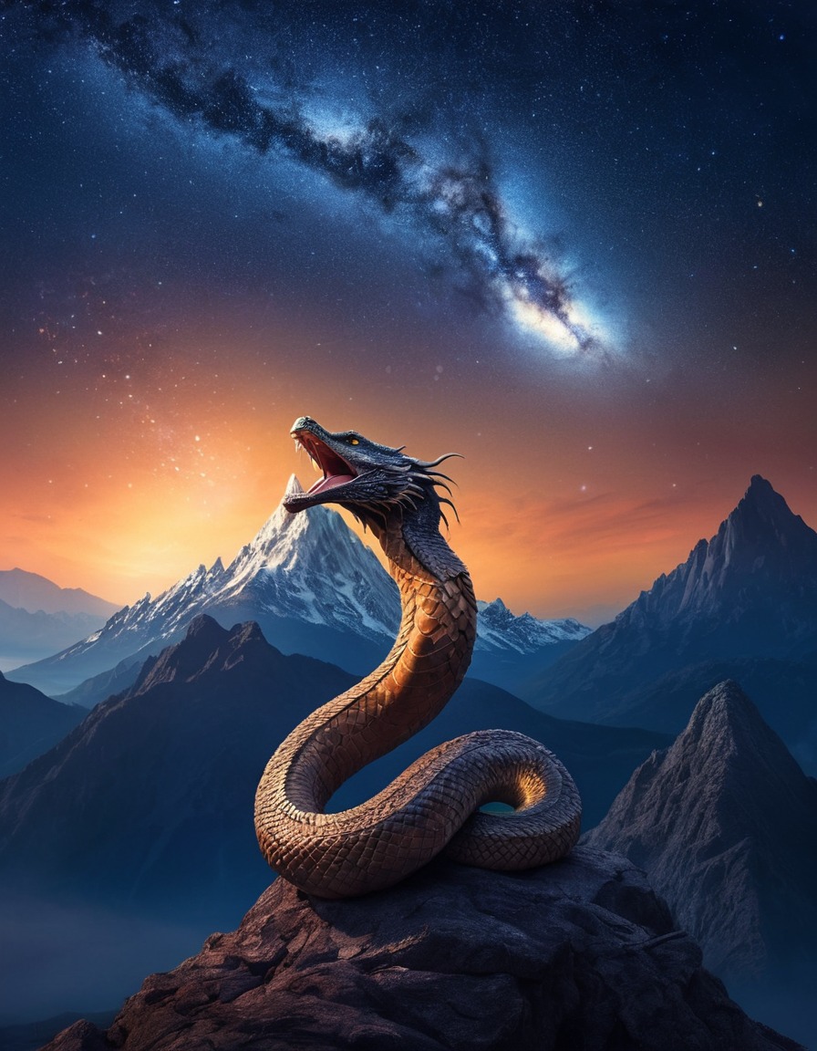 naga, serpent, mountain, night sky, stars, majestic