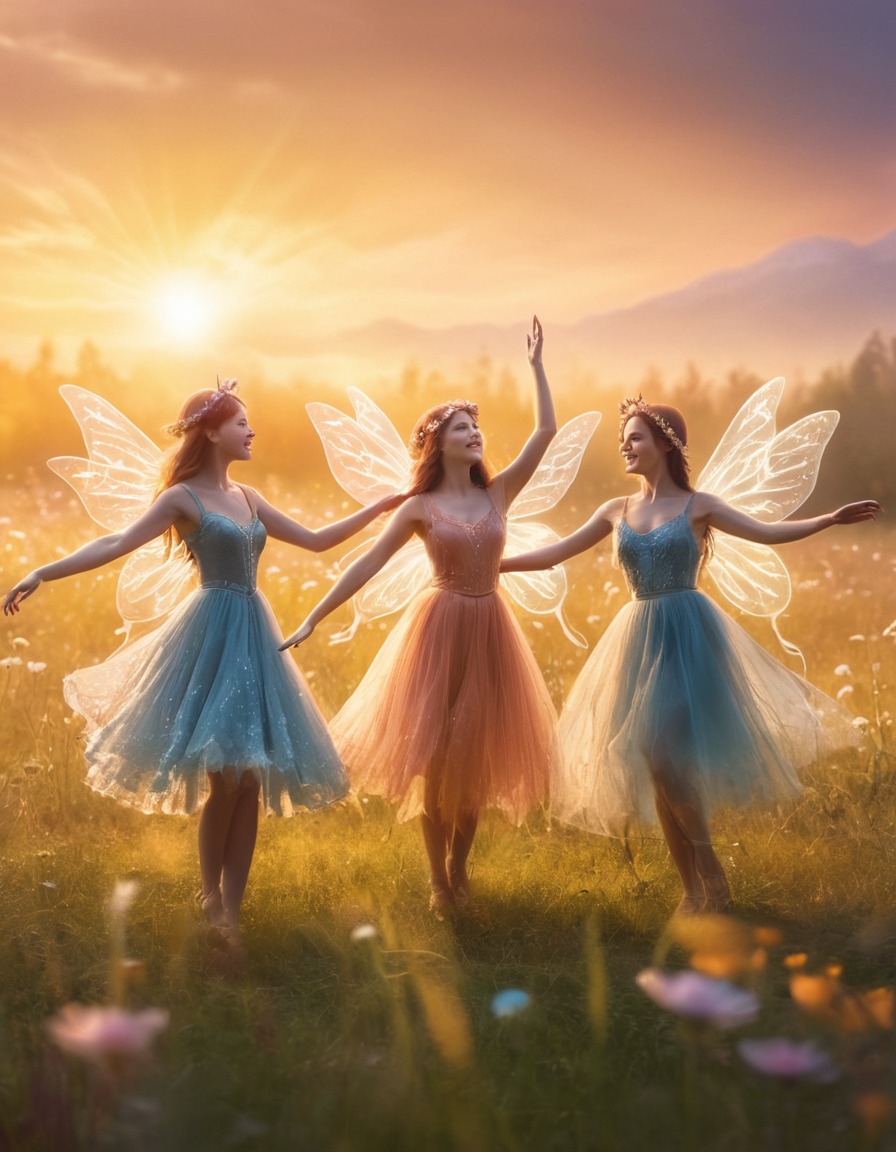 fairies, dancing, meadow, magical light, whimsical, fantastic