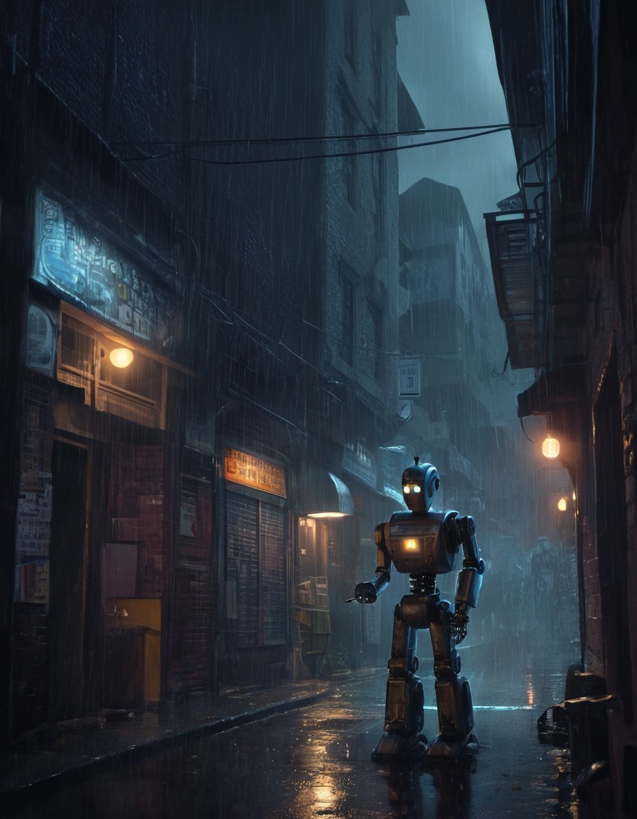 robot, detective, analysis, clues, rainstorm, robots