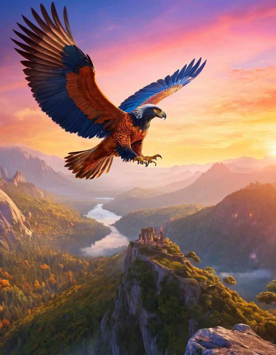 harpy, majestic, magical landscape, colorful sky, fantasy