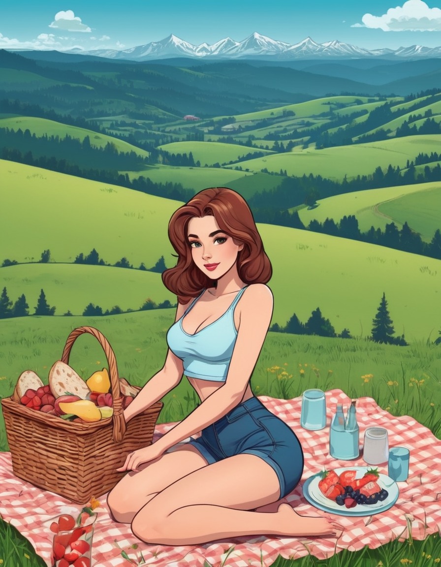 nature, picnic, meadow, hills, girl