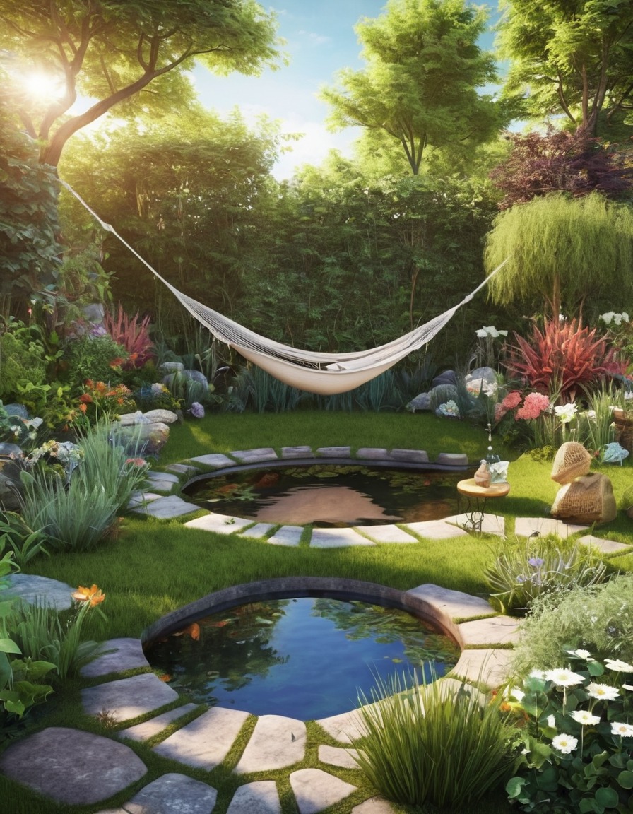 backyard garden, hammock, pond, peaceful, relaxation, home, interior