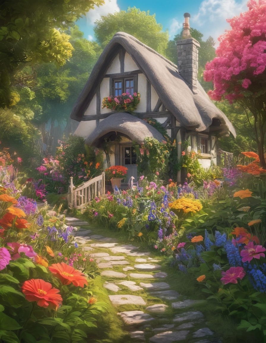 cottage, flowers, greenery, nature, peaceful