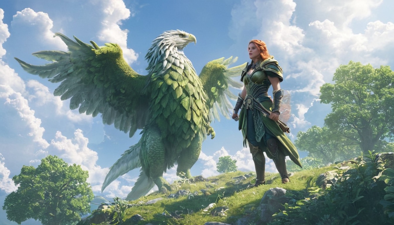 digitalart, warrior, fantasyart, characterdesign, forest, digitalpainting, fantasycharacter, wallpaper, guardian, digitalartwork, dndcharacter, fantasycreature, hippogriff, hybrid, hyrule, landscape, majestic, mythicalcreature, nature, summer, surreal, elffantasy, dnddungeonsanddragons, midjourney, synthography