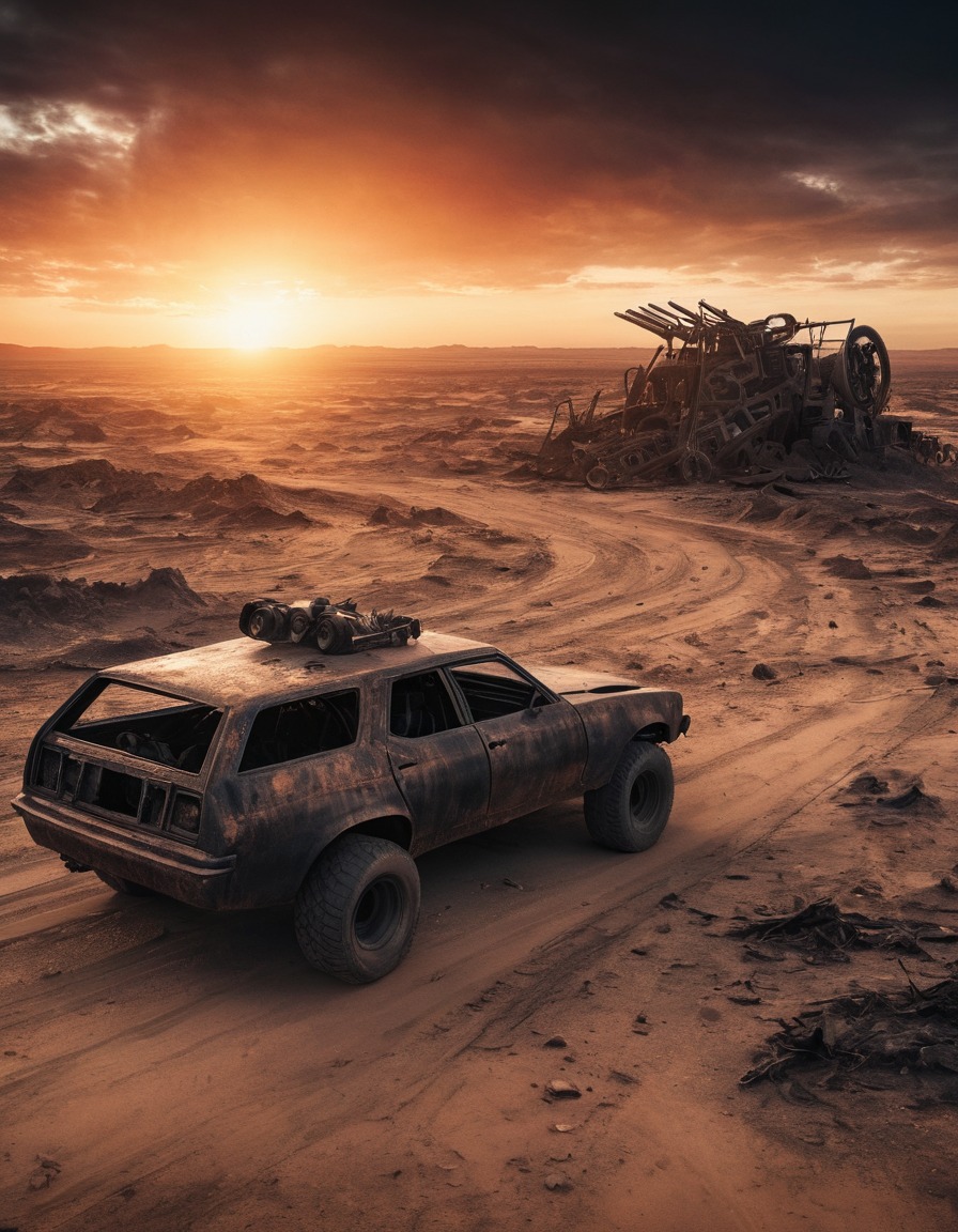 sunset, desolate landscape, beauty, brutality, mad max-inspired, post-apocalyptic, mad max