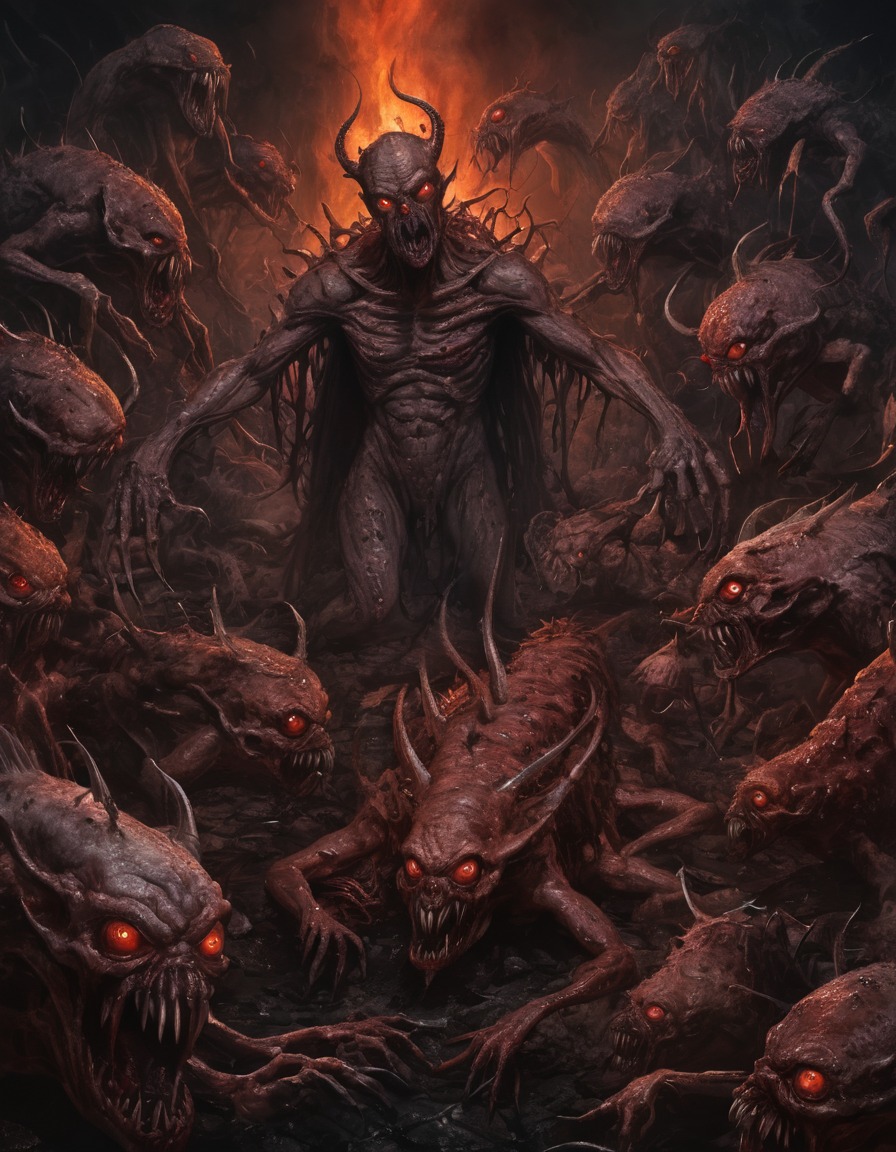 hell, swarmed, hideous creatures, horror, demonic, souls, underworld