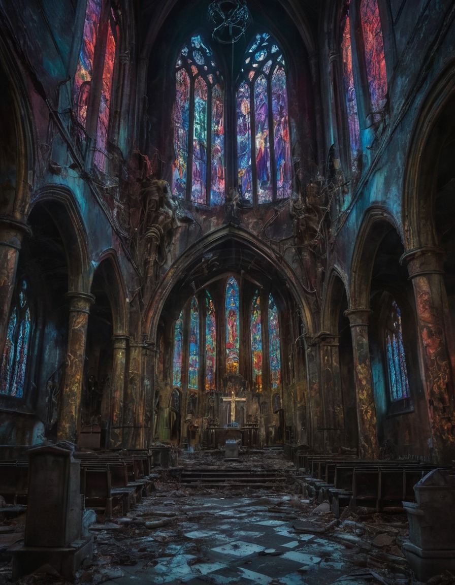 haunted, church, decayed statues, stained glass windows, eerie colors, gothic, underground, dark