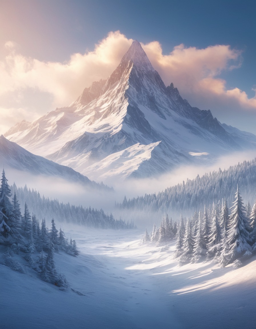 mountain, snow-capped, mist, nature, landscape