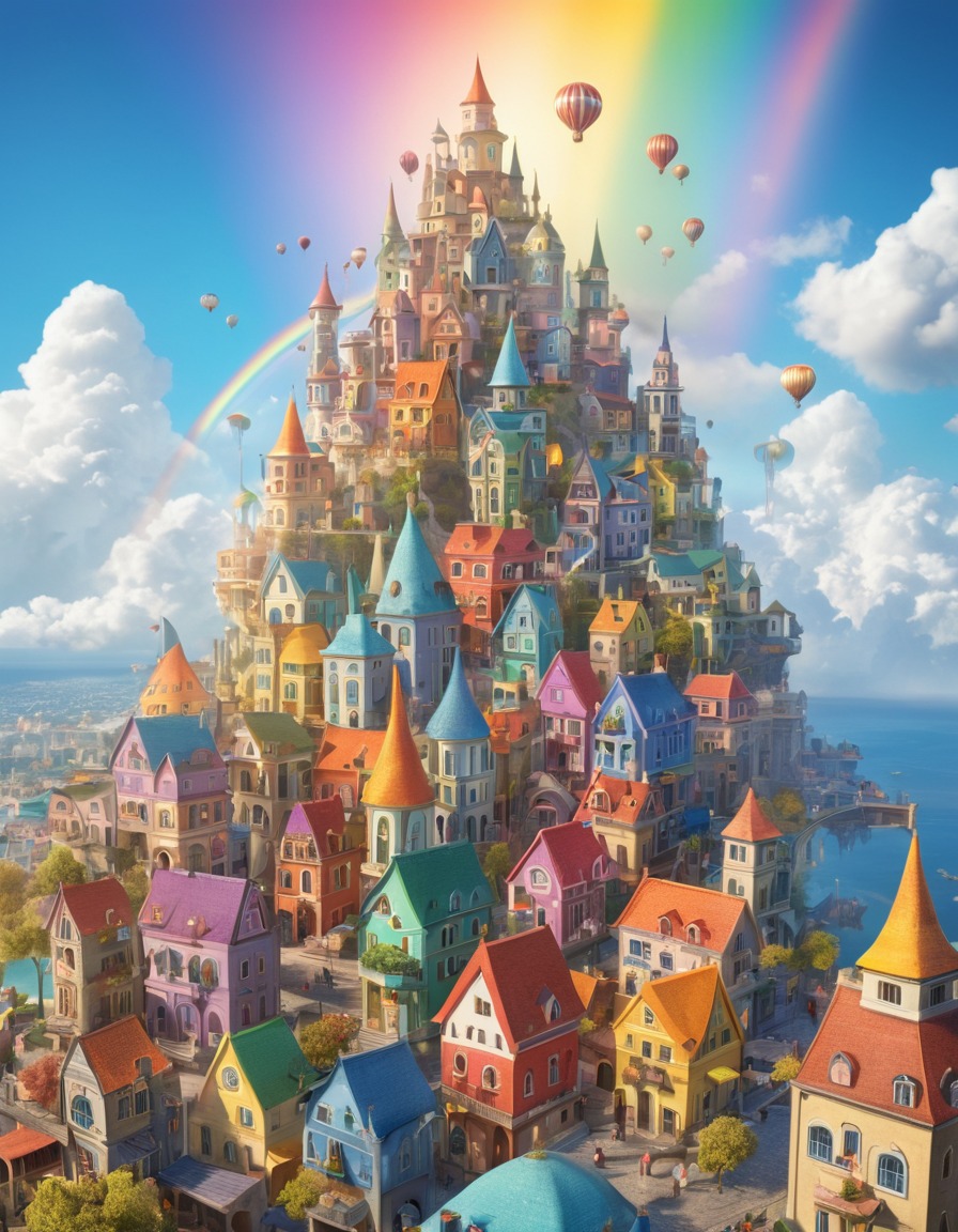 whimsical, cityscape, floating, clouds, winged beings, rainbow-colored buildings, fantastic