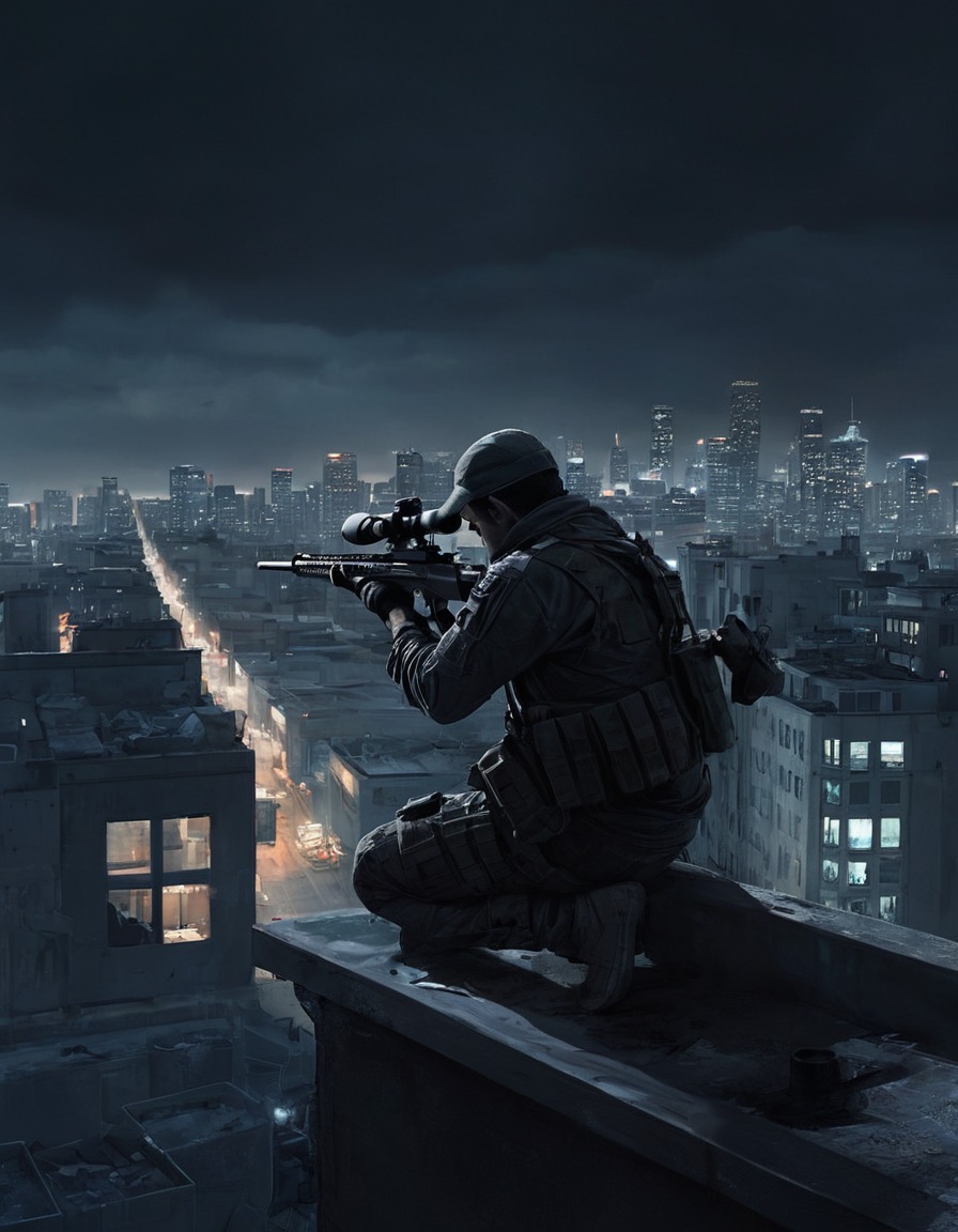 sniper, rooftop, urban, cityscape, surveillance, tactical operations, war, usa