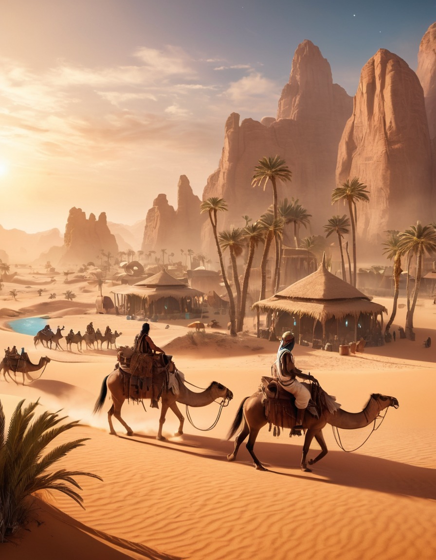 desert, oasis, nomadic tribes, mystical creatures, trading, exotic goods, fantastic