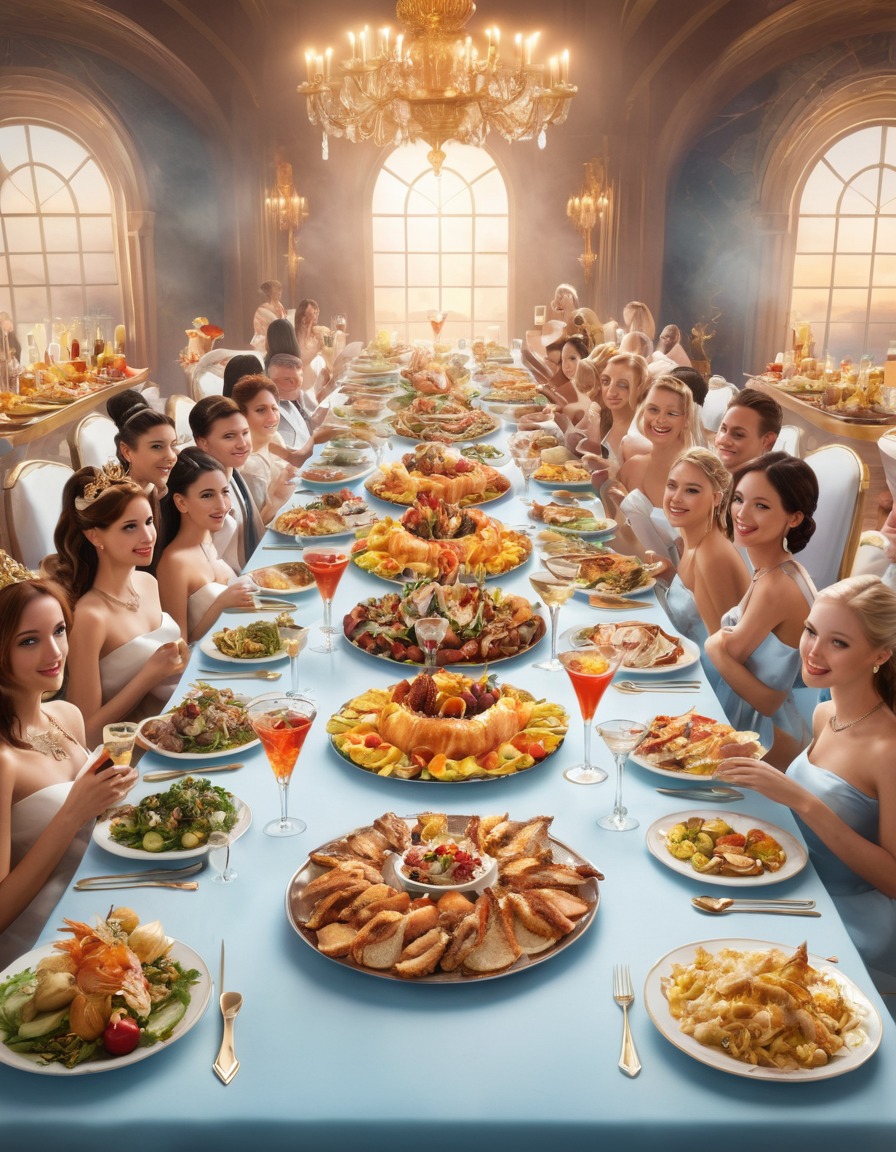 heaven, angels, banquet table, delicious food, grand, divine, celestial