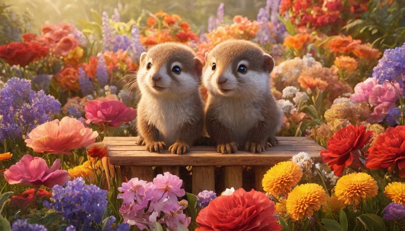 bench, couple, cute, decorated, flowers, otter