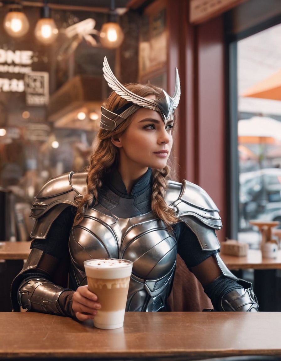 valkyrie, coffee, cafe, warrior, relaxation, superhero, superheroine, bikini