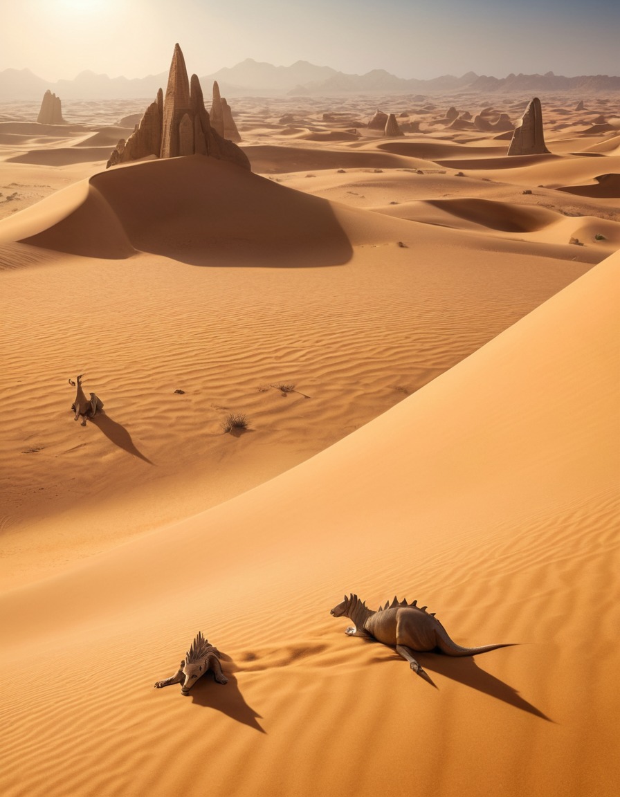 desert, sand dunes, sphinxes, enigmatic creatures, mystery, ancient ruins, fantastic