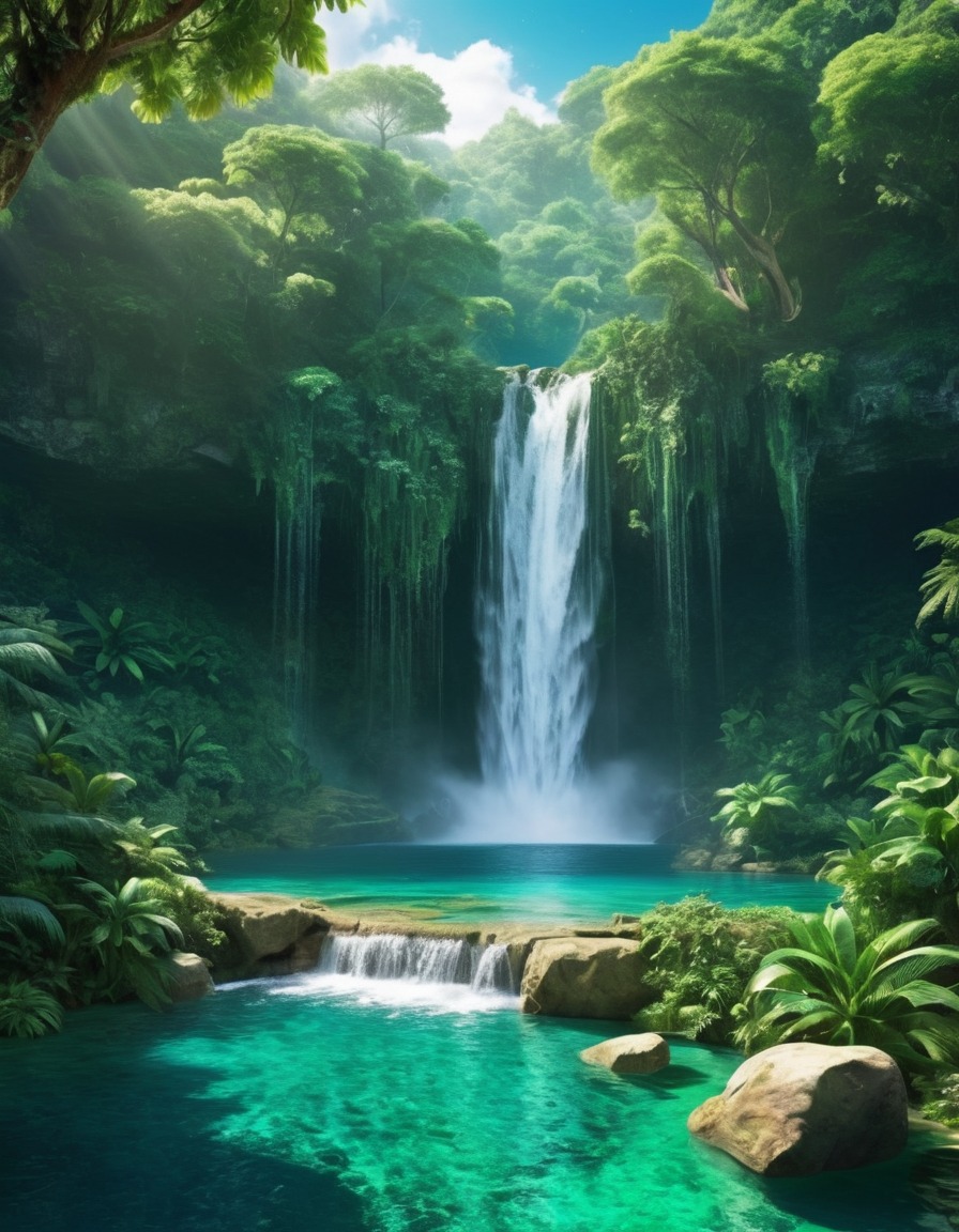 waterfalls, emerald pool, lush foliage, nature, fantastic