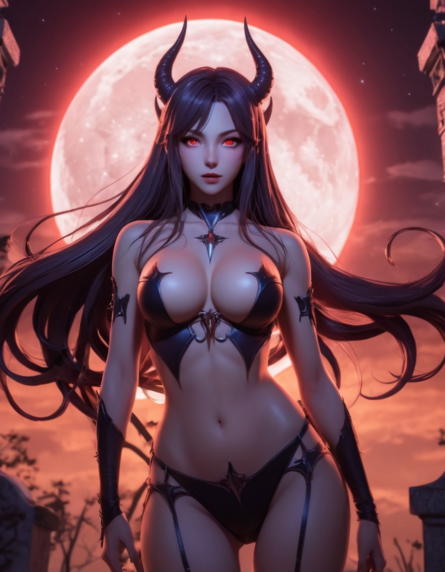 succubus, long hair, glowing eyes, moonlit, graveyard, fantasy, supernatural