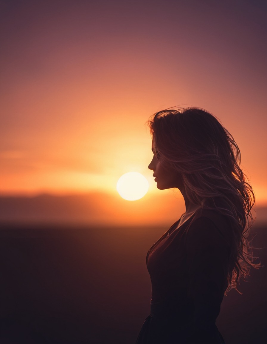 silhouette, woman, sunset, beach, tranquil