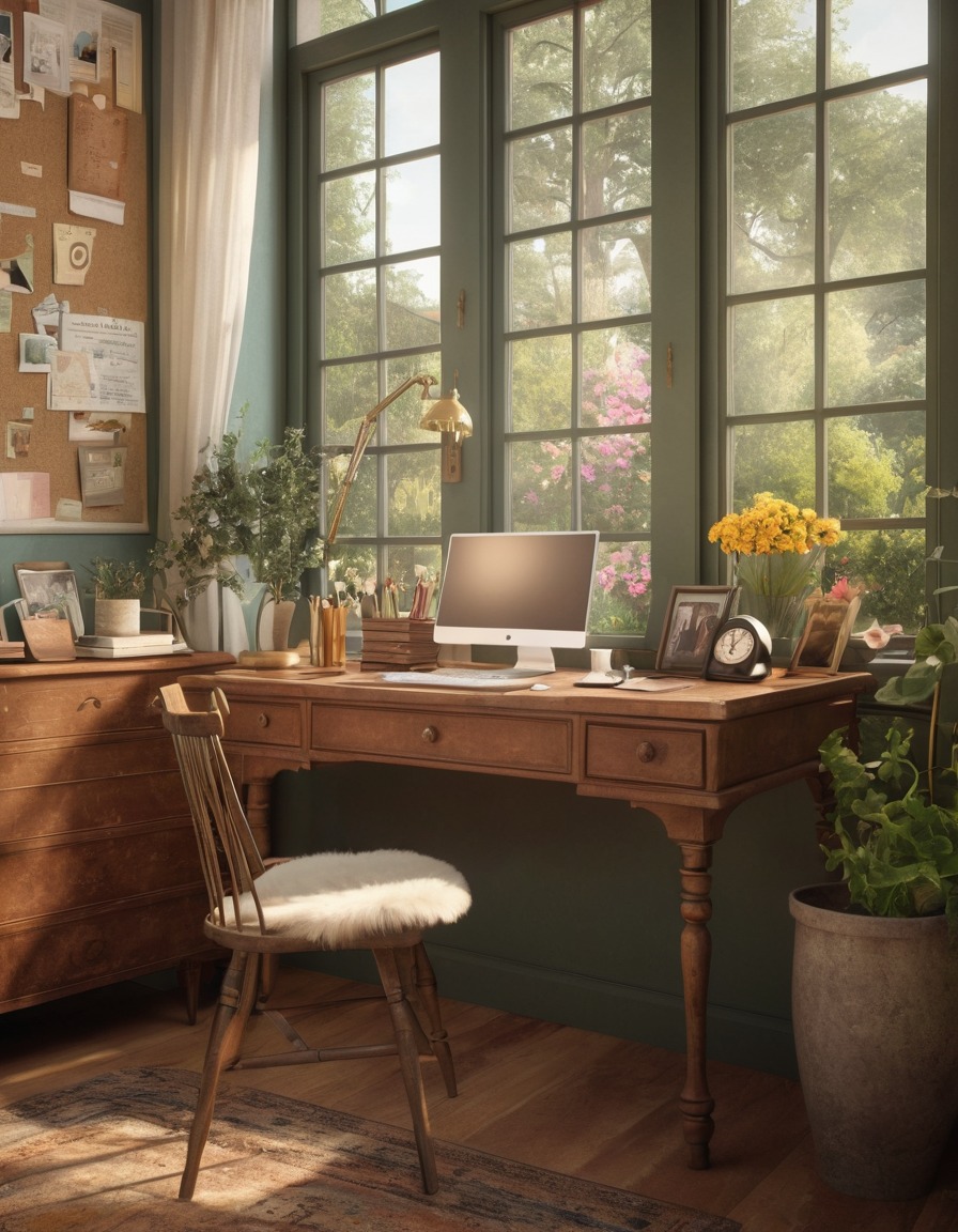 home office, vintage desk, cork board, memories, window, garden, home, interior