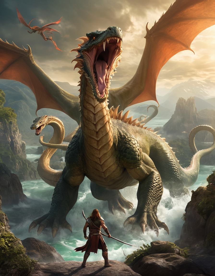 hero, mythical creature, lernaean hydra, battle, epic, landscape