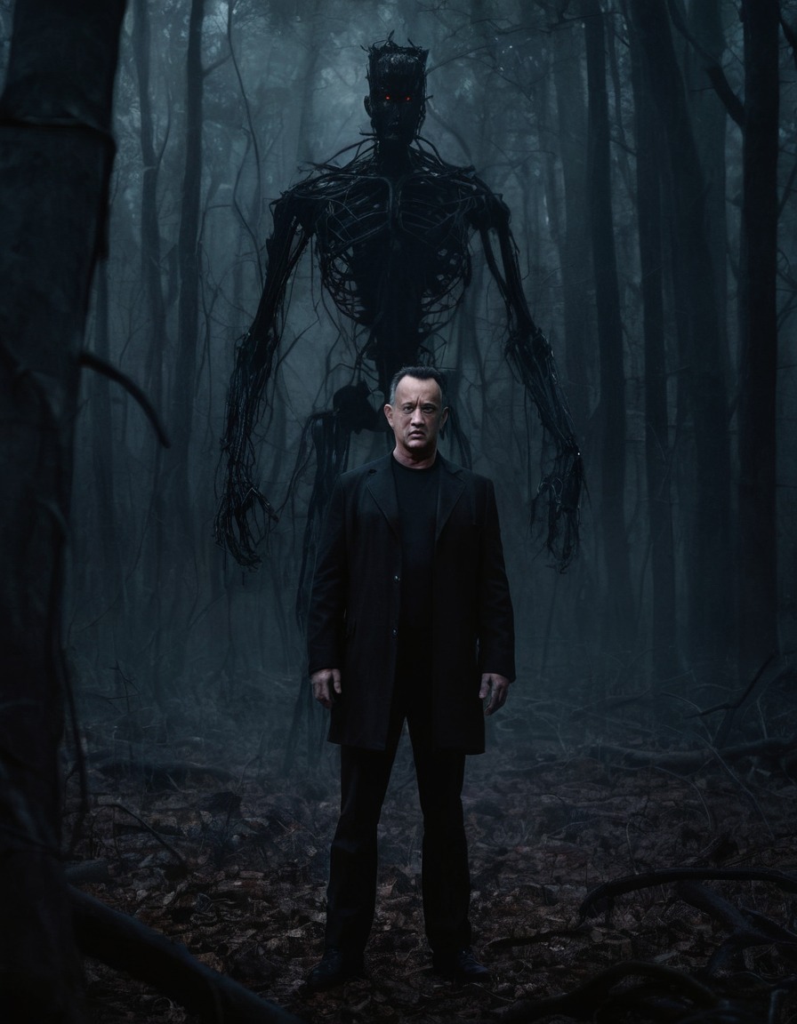 tom hanks, forest, dark, eerie, mysterious, shadowy figures