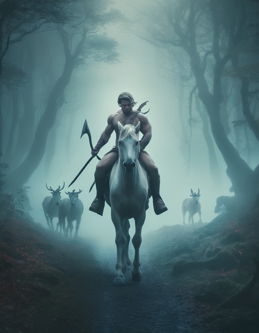 fantasy, centaur, mythical creatures, enchanted forest, misty