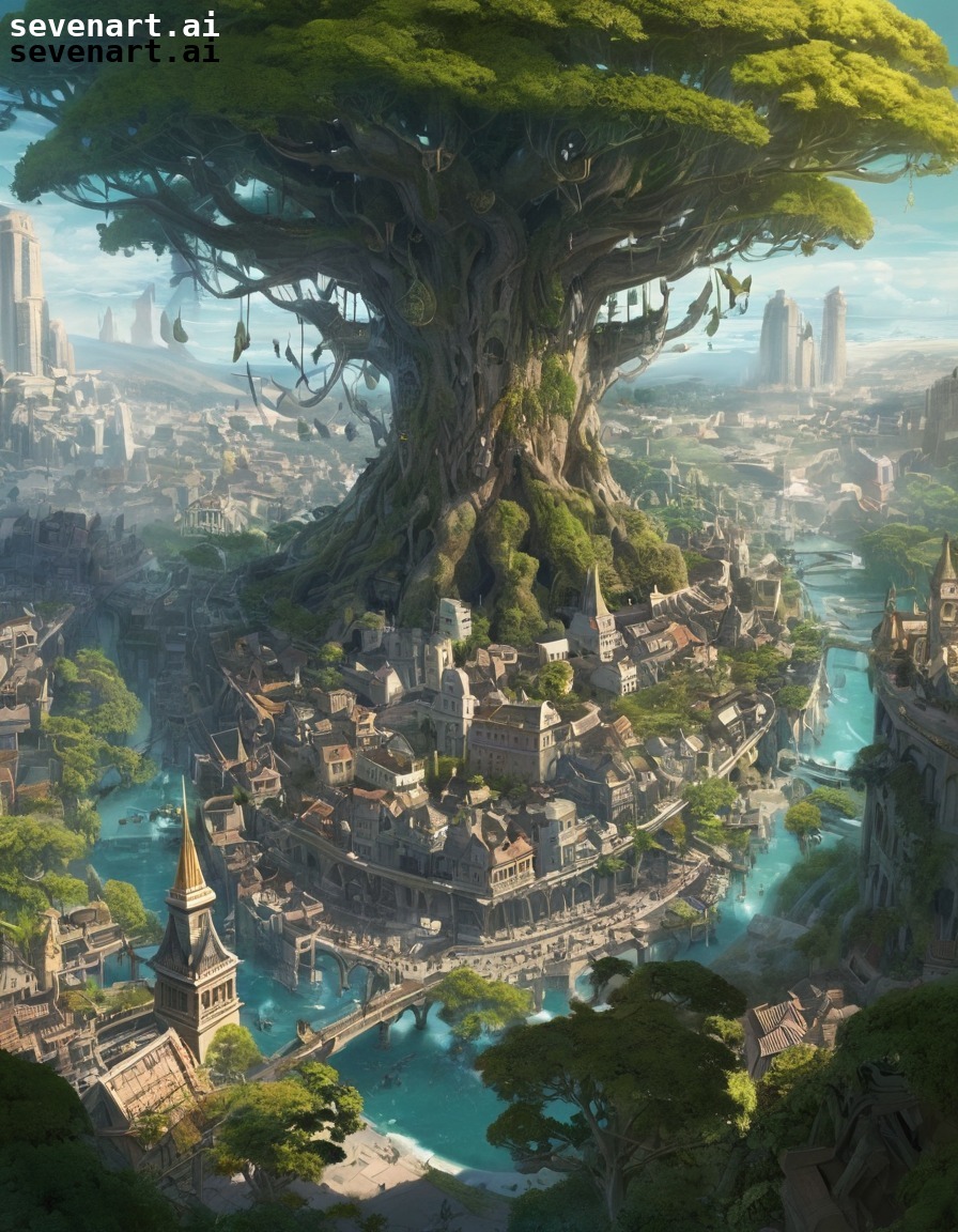 treefolk, ancient tree, city, winged creatures, fantasy