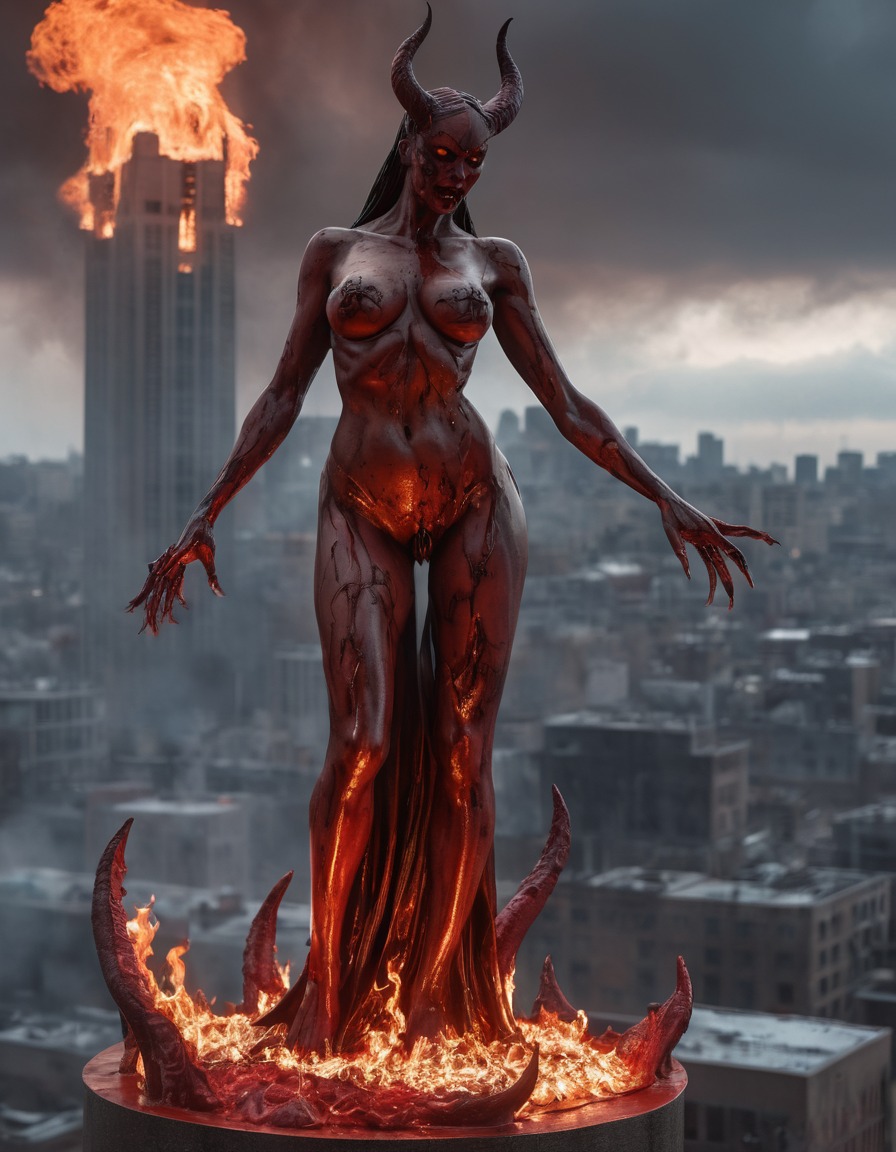 demonesse, statue, cityscape, flames, demon, sexy, nsfw	