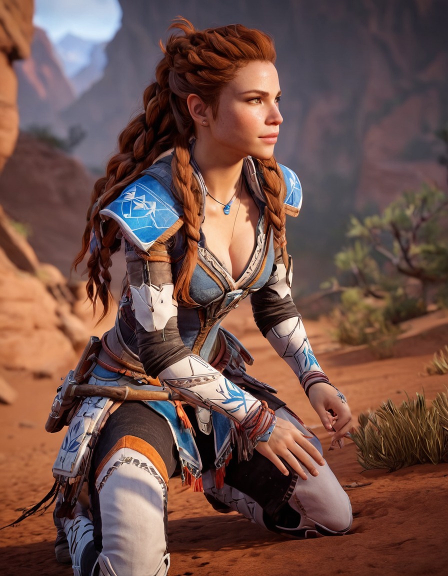 aloy, horizon zero dawn, action-adventure, playstation, heroine, combat, robotic enemies