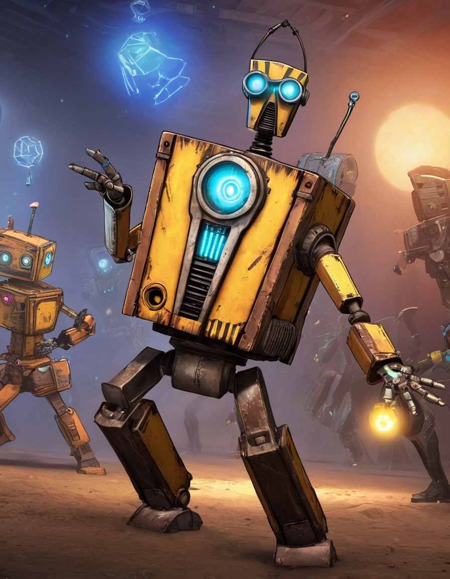 claptrap, borderlands, robot, dance party, robots, games, movies