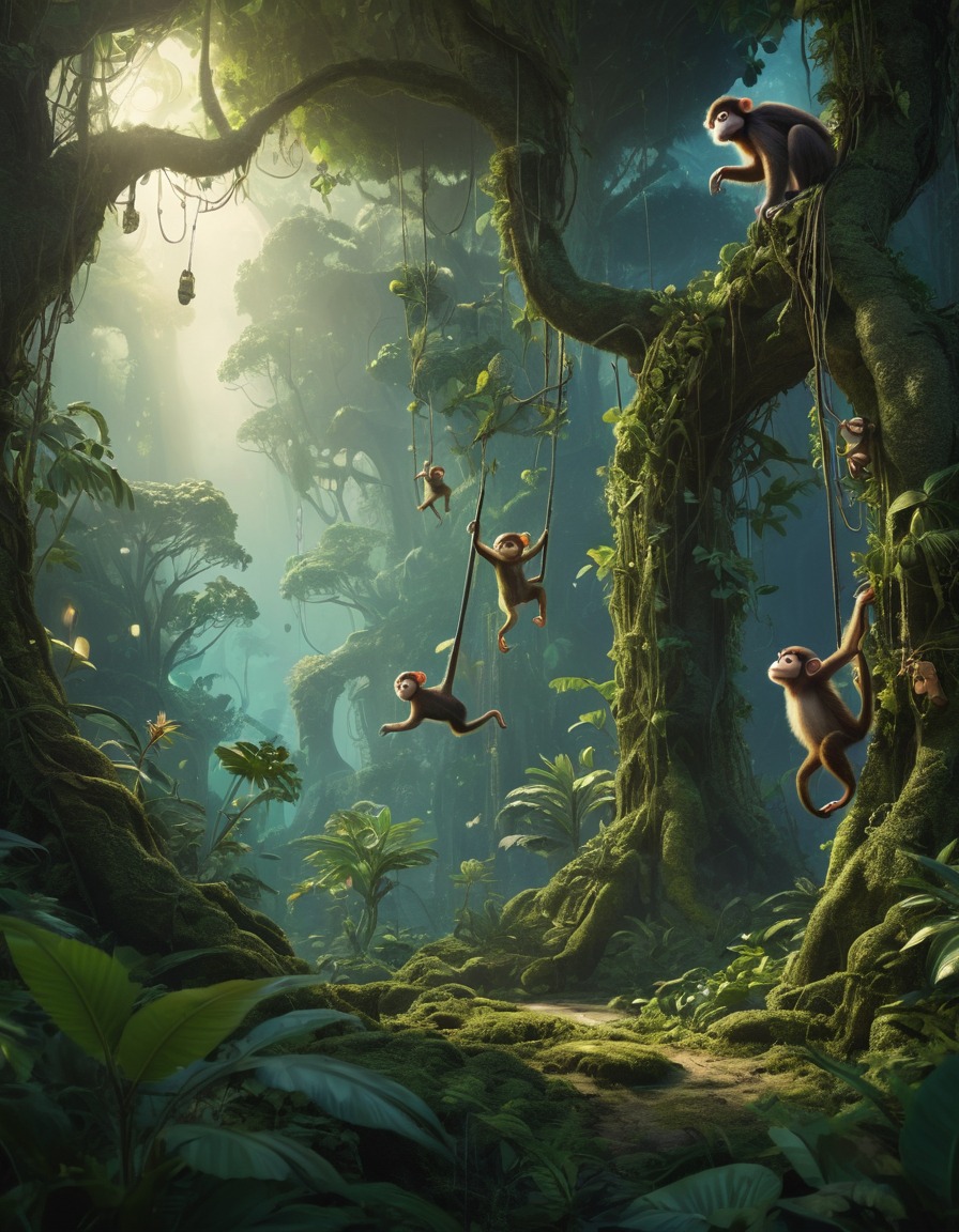 jungle, towering trees, glowing vines, mischievous creatures, monkeys, nature, adventure, fantastic