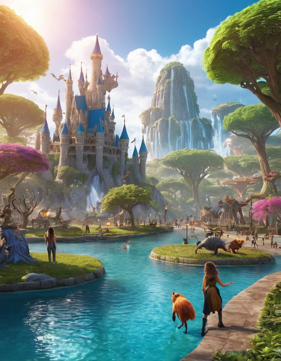 fantasy park, fictional creatures, urban fantasy, fantasy city, amusement park, magical beings, enchanted attractions