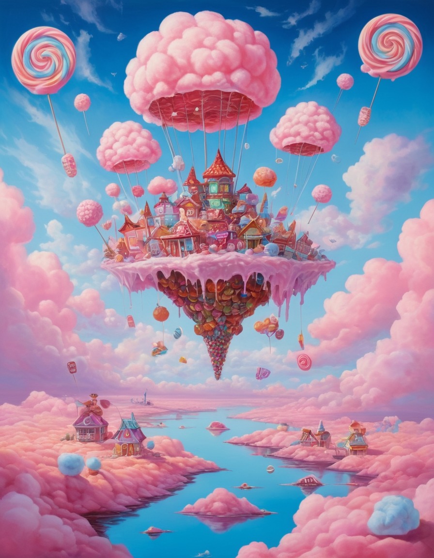 fantasy, whimsical, candy, floating islands, cotton candy sky, surreal