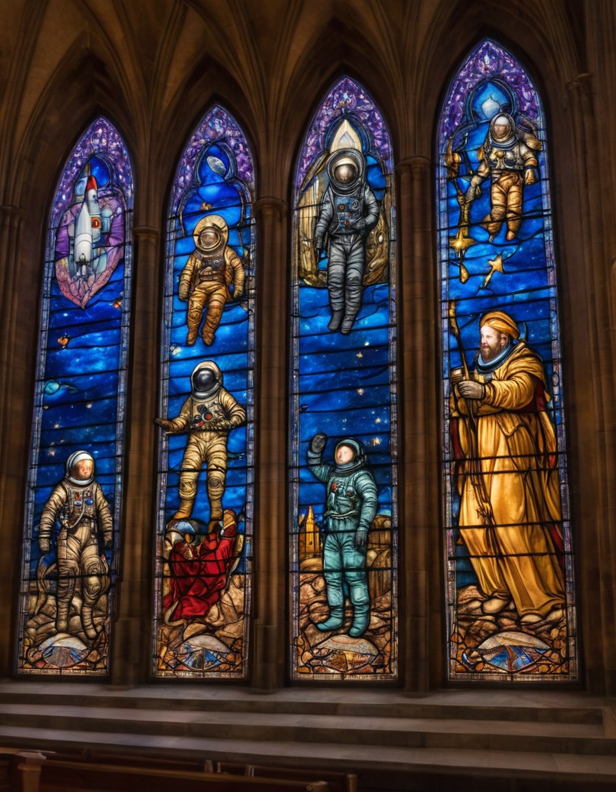 stained glass window, cathedral, astronauts, space exploration, art, medieval