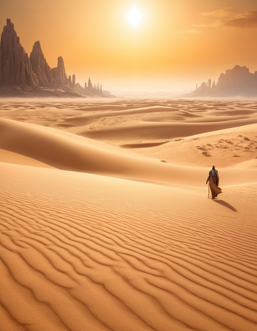 desert, sand dunes, mythical creatures, sun deity, fantastic