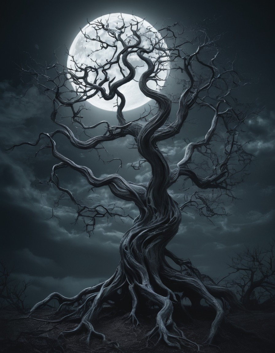 dark, eerie, twisted, tree, moon, night, gothic, underground