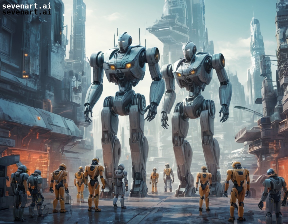 robots, teamwork, construction, futuristic, cityscape