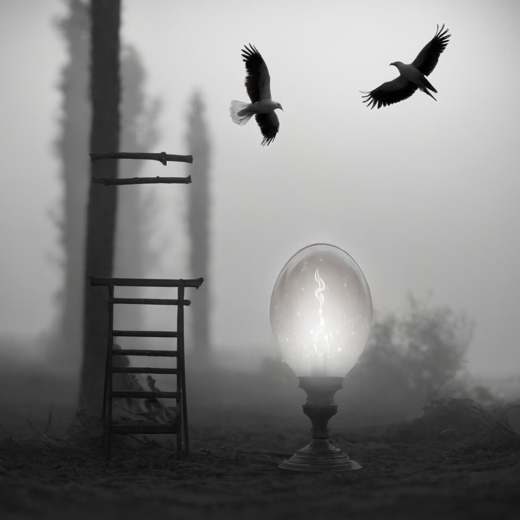 digitalart, photomanipulation, surreal, bird, dark, downfall, egg, noir, photo, photocollage, stork, dreamup