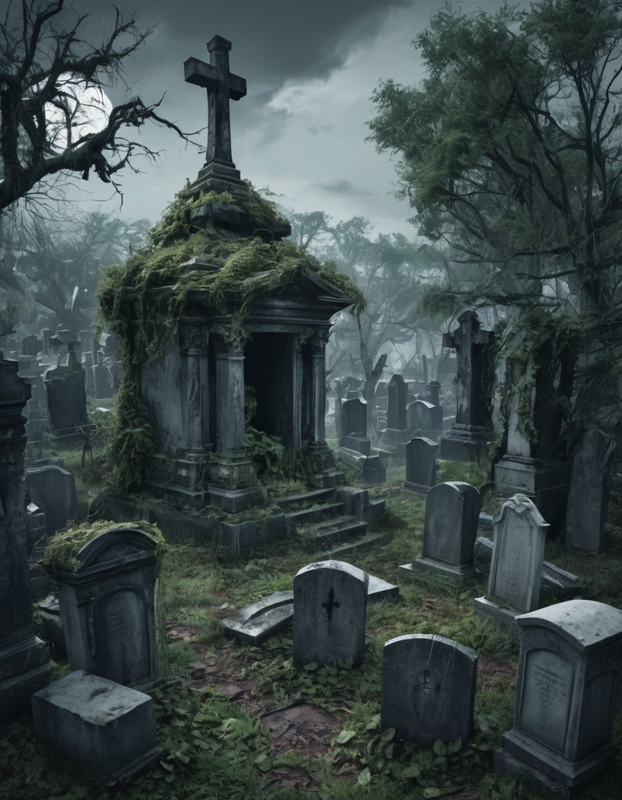 cemetery, gravestones, crypts, overgrown, weathered, gothic, underground, dark