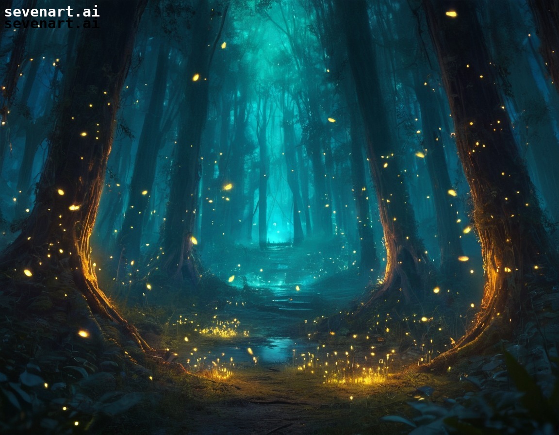 mysterious, forest, fireflies, portals, otherworldly, fantasy