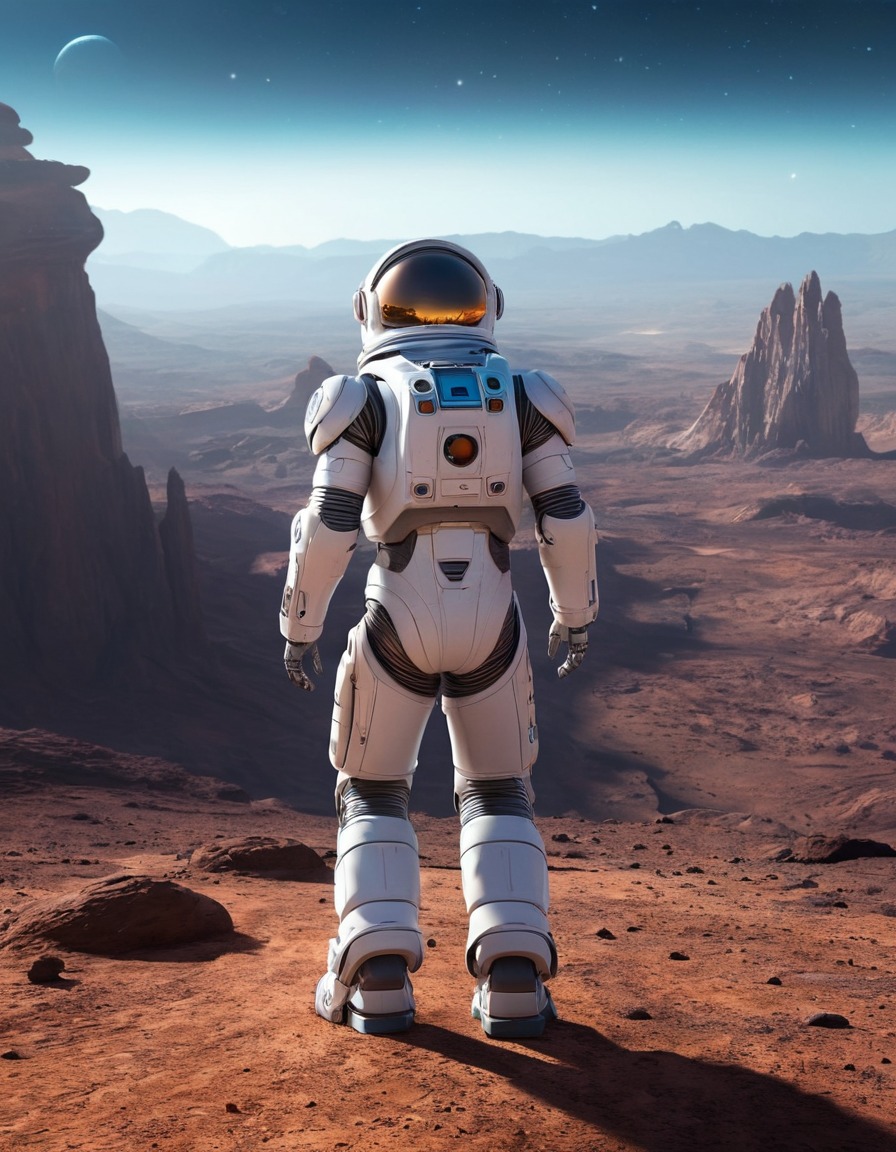 robot astronaut, alien planet, exploration, futuristic landscape, robots