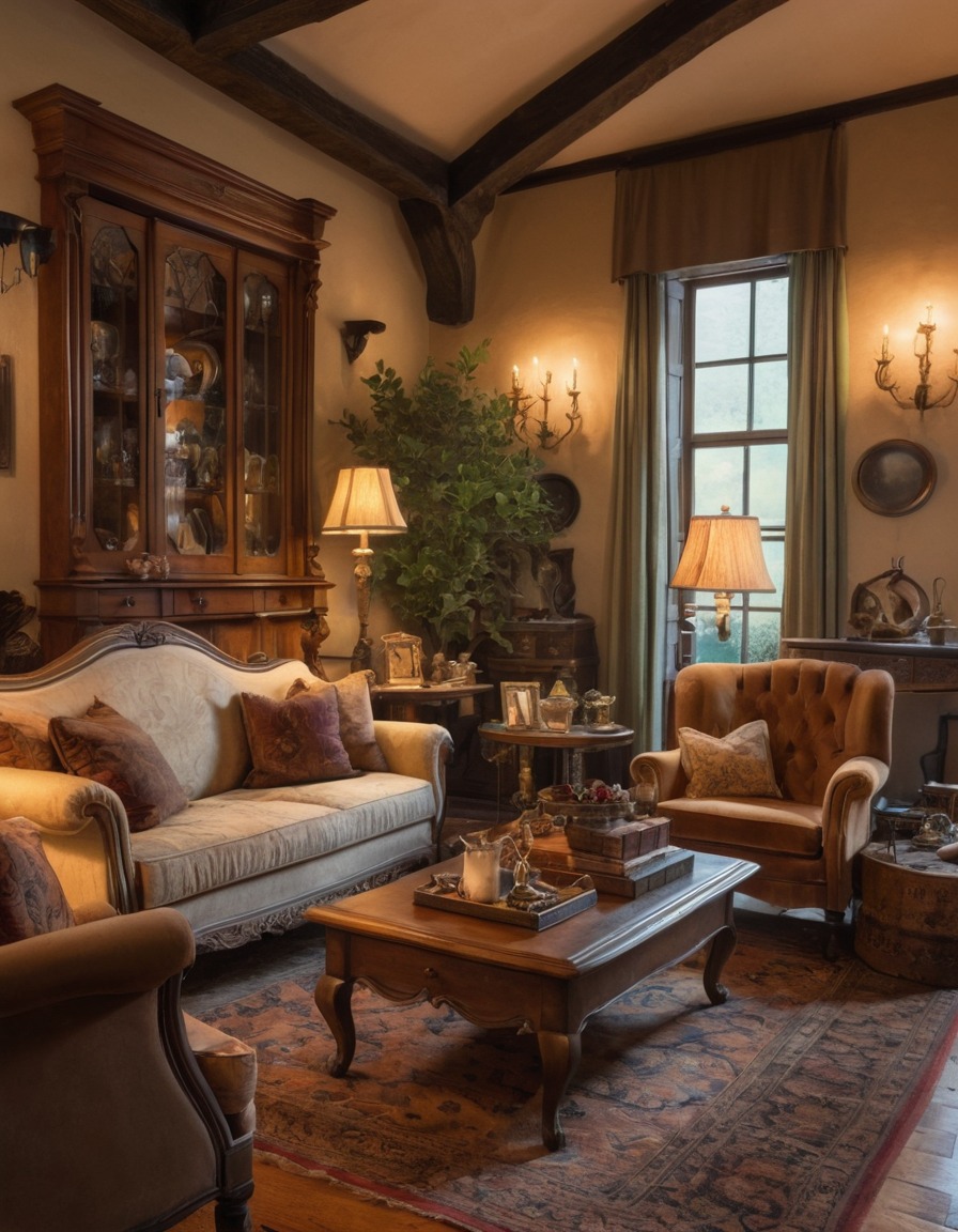 cozy, living room, antique furniture, decor, vintage, interior design