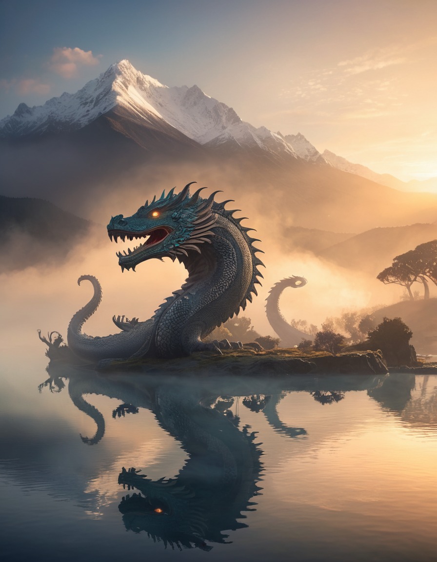 mythical creature, taniwha, lake, sunrise, mist, emergence