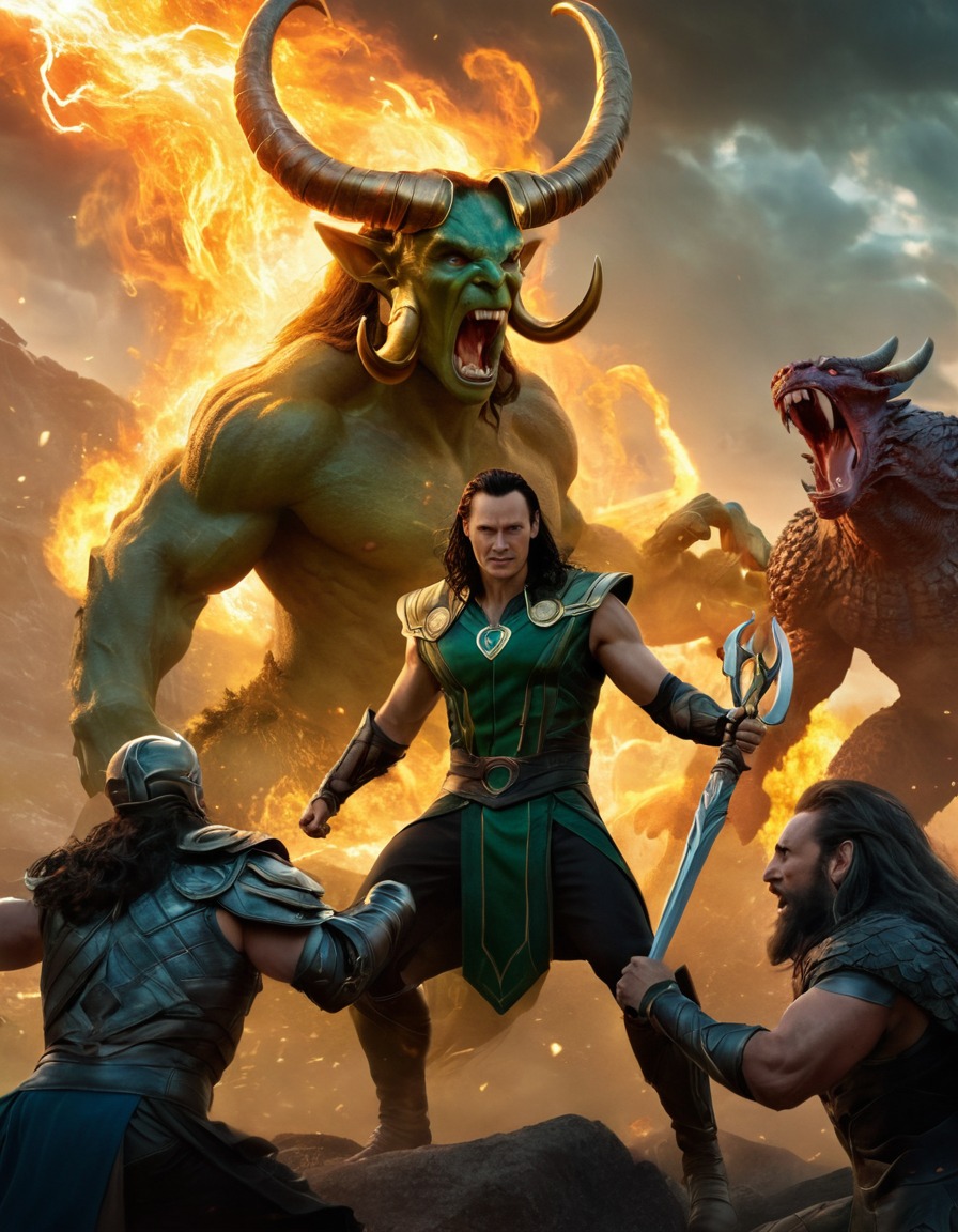 loki, marvel, epic battle, mythical creatures, action-packed, norse mythology