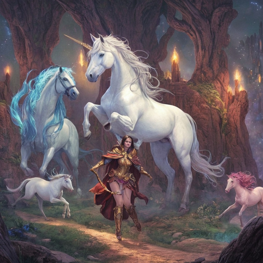 characterdesign, warrior, magic, fantasyart, rpg, horse, unicorn, dreamup, ai_art