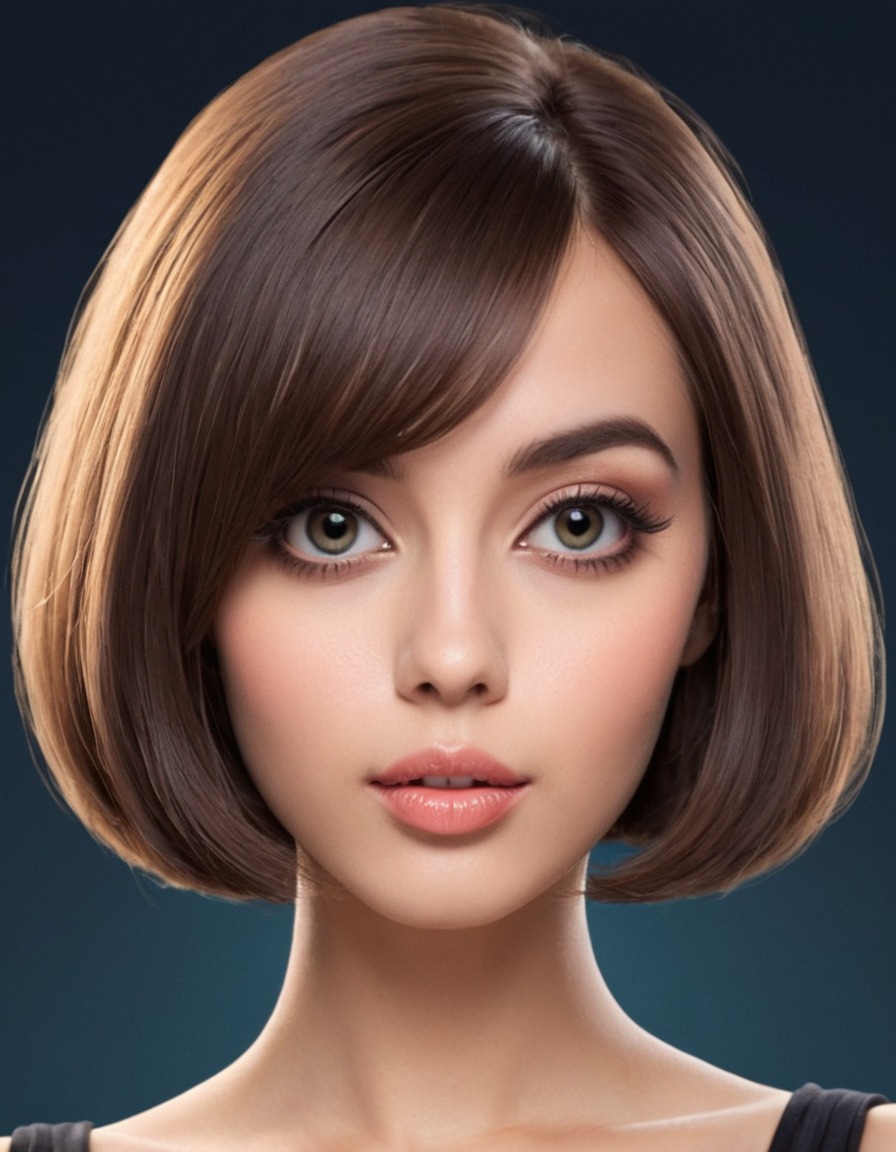 beauty, asymmetrical eyes, bob haircut, thick lips, illustration