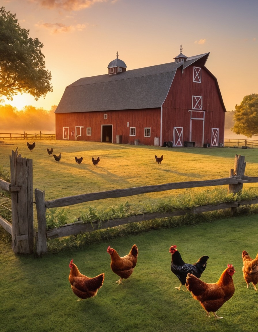 sunset, rustic, barn, chickens, farm