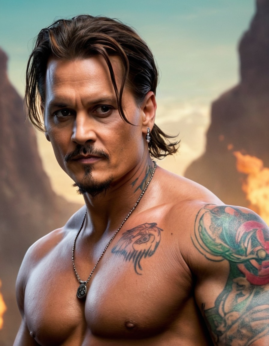 johnny depp, bodybuilder, tattoos, fierce expression