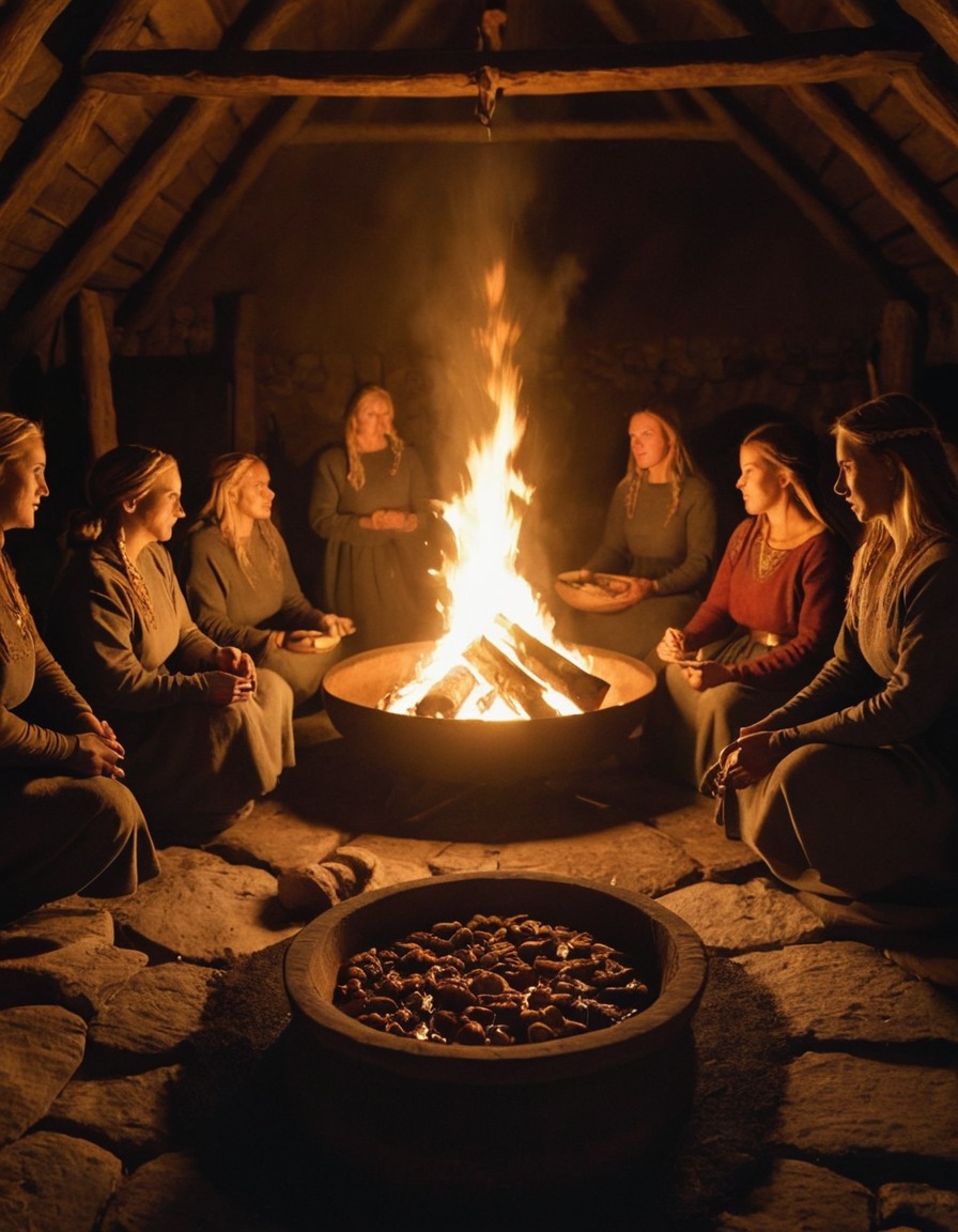 ancient women, preparing food, communal meal, large hearth, viking longhouse, 900 ad